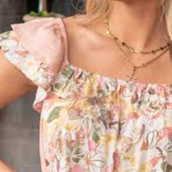 BOUTIQUE NWOT PEACH FLORAL LAYERED CAP SLEEVE BLOUSE MULTIPLE SIZES - Picture 7 of 10